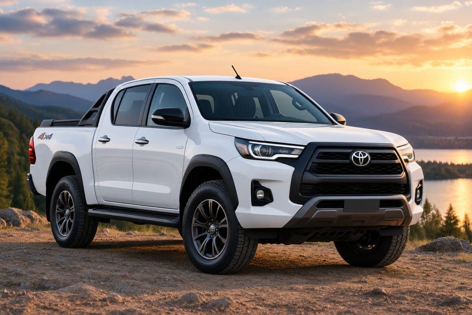 A white dual-cab ute parked on a gravel lookout at sunset